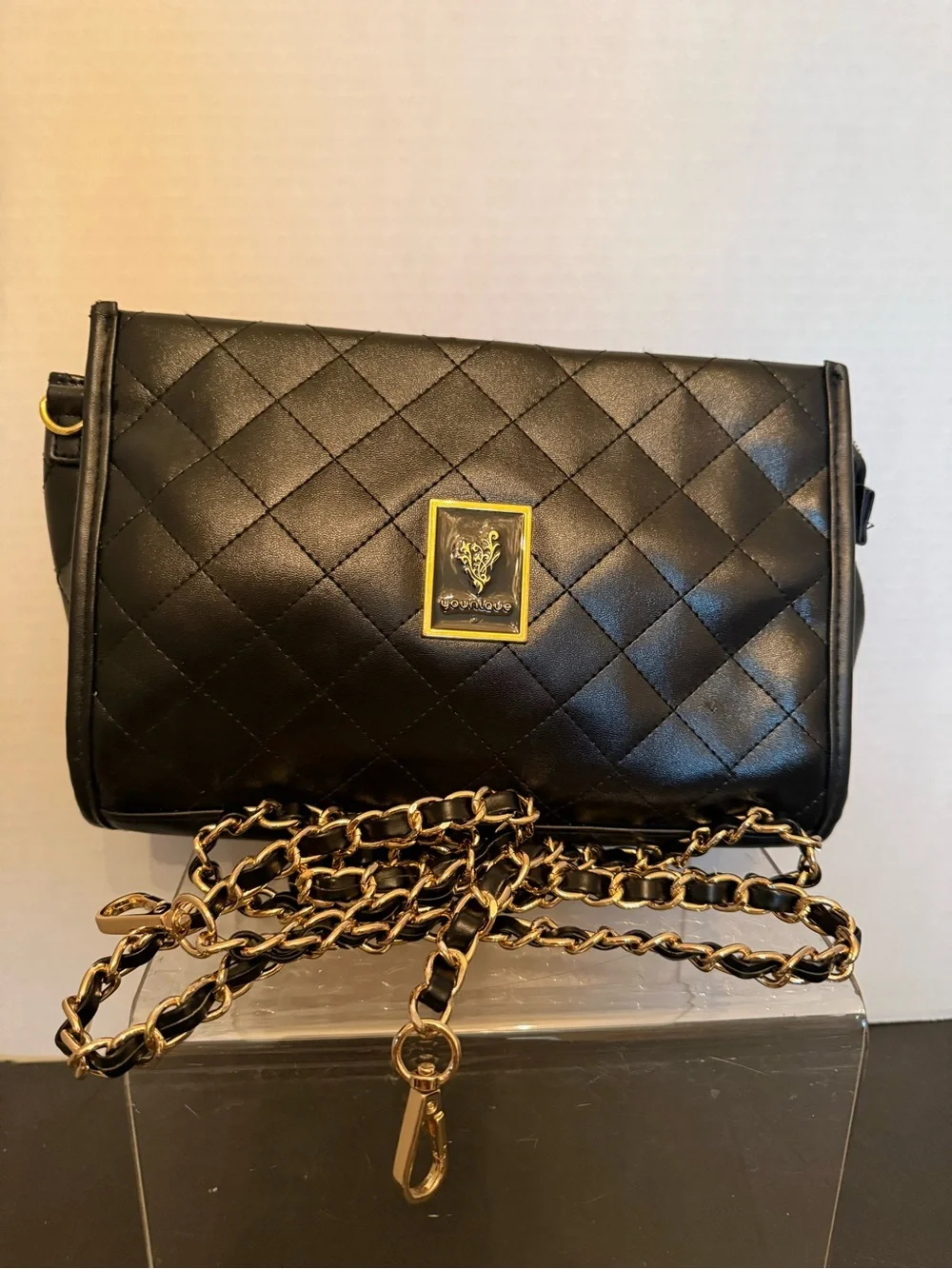 Younique Black Faux Lesther Quilted Crossbody with Gold Chain